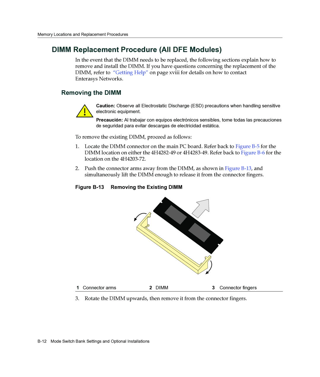 Enterasys Networks 4H4202-72, 4H4284-49, 4H4283-49, 4H4282-49 Dimm Replacement Procedure All DFE Modules, Removing the Dimm 