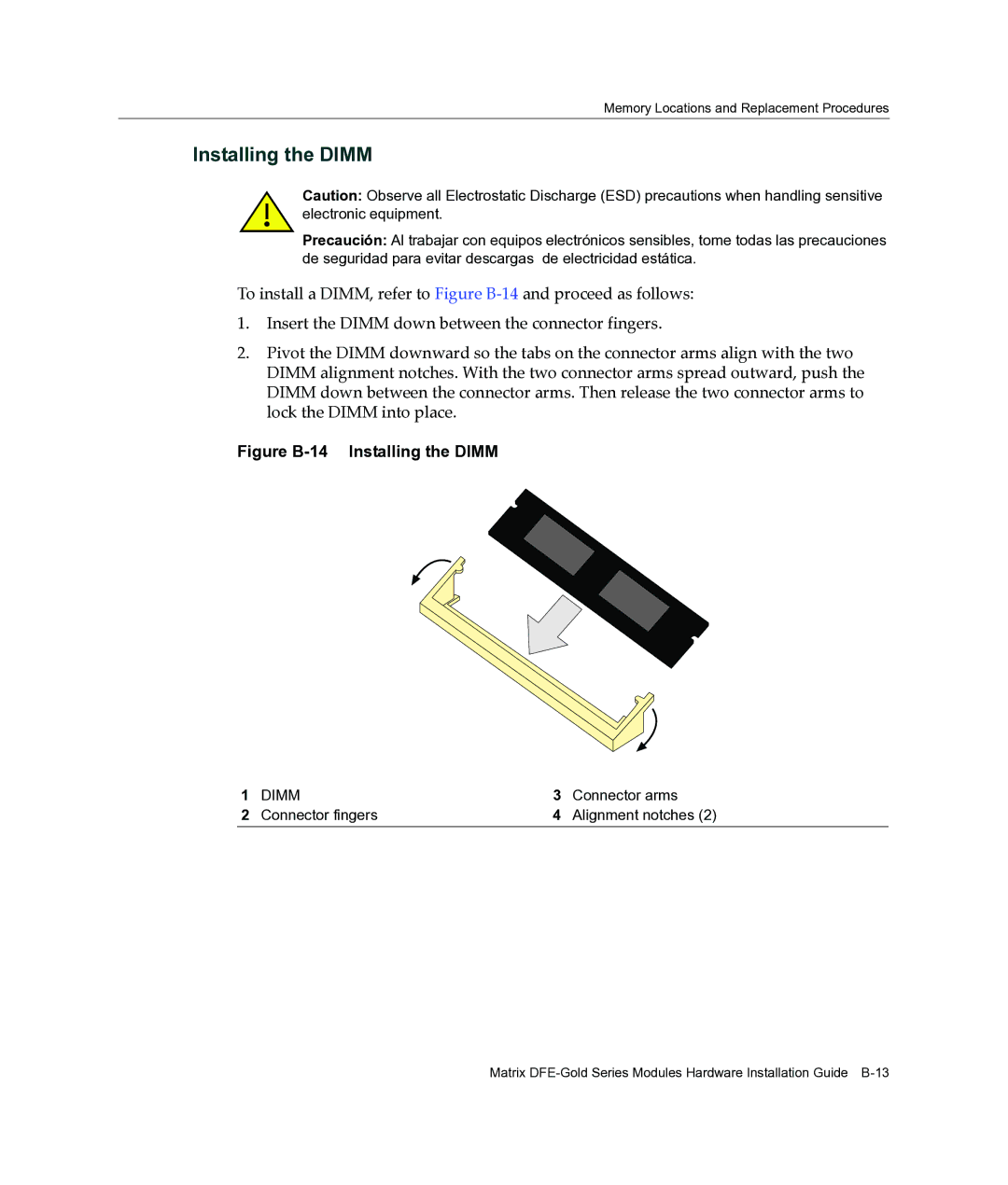 Enterasys Networks 4H4283-49, 4H4284-49, 4H4202-72, 4H4282-49, 4H4203-72 manual Figure B-14 Installing the Dimm 