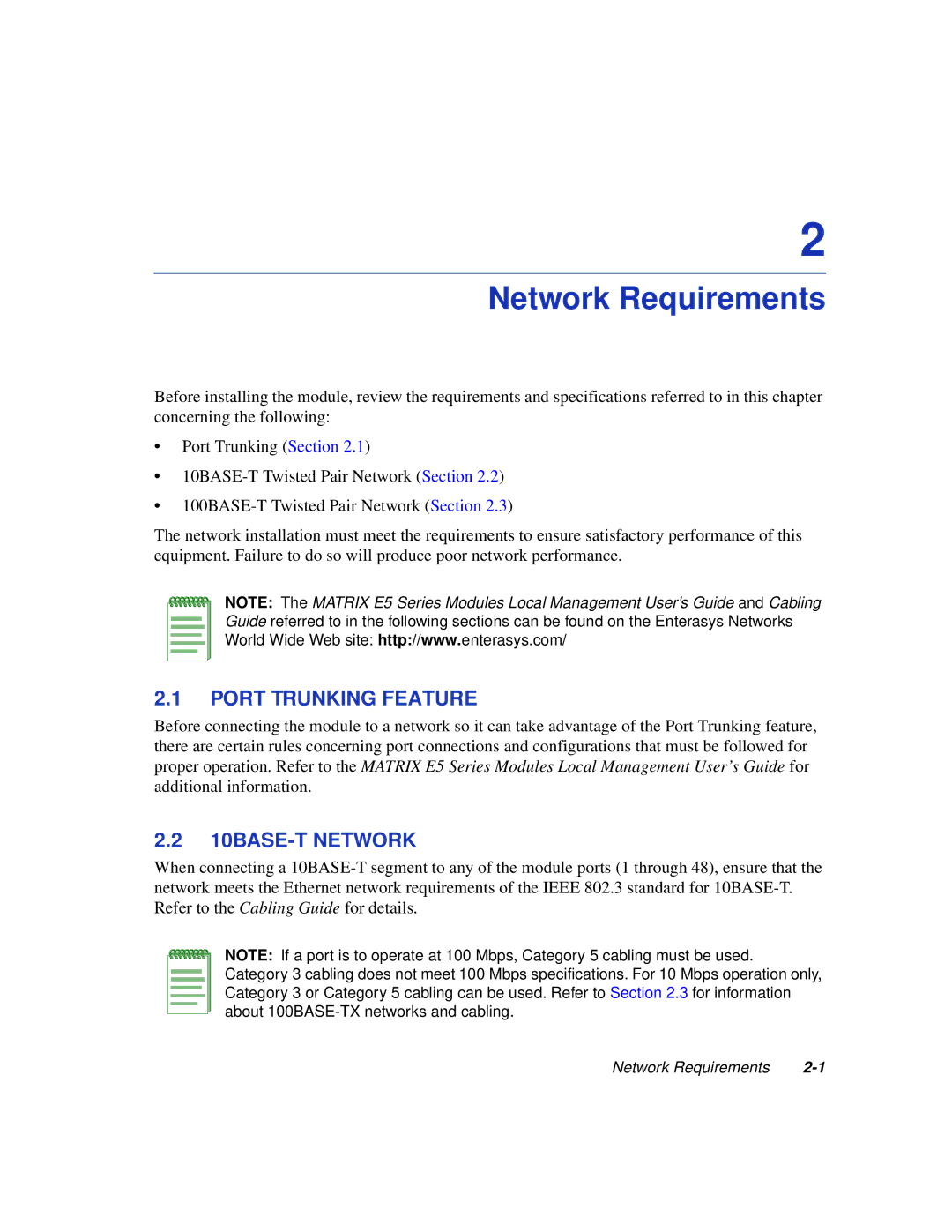 Enterasys Networks 5H102-48, 5H103-48 manual Network Requirements, Port Trunking Feature, 10BASE-T Network 