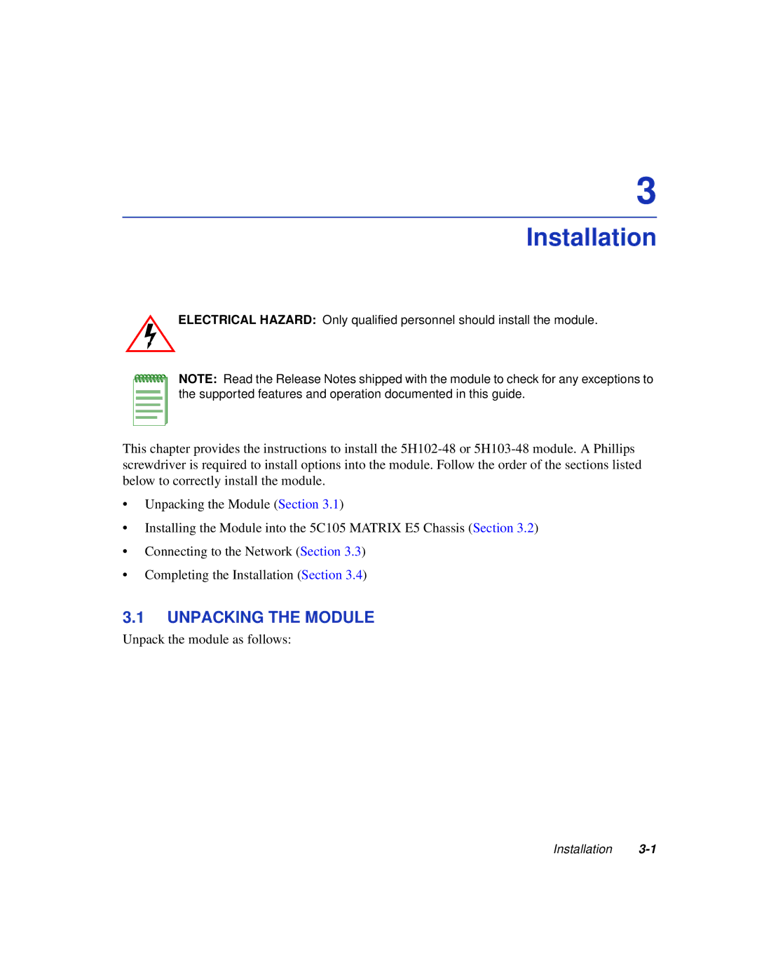 Enterasys Networks 5H102-48, 5H103-48 manual Installation, Unpacking the Module 