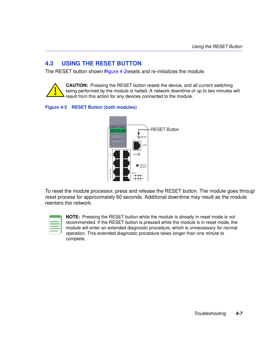 Enterasys Networks 5H102-48, 5H103-48 manual Using the Reset Button, Reset Button both modules 