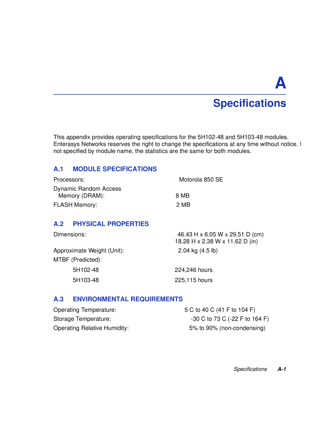 Enterasys Networks 5H102-48, 5H103-48 manual Module Specifications, Physical Properties, Environmental Requirements 