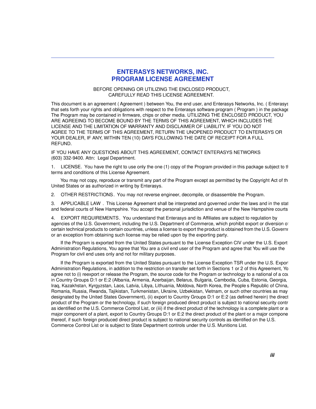 Enterasys Networks 5H102-48, 5H103-48 manual Enterasys NETWORKS, INC Program License Agreement, Iii 