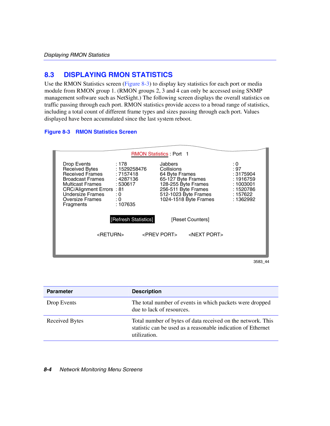 Enterasys Networks 5H1XX, 5G1XX manual Displaying Rmon Statistics, Rmon Statistics Screen 