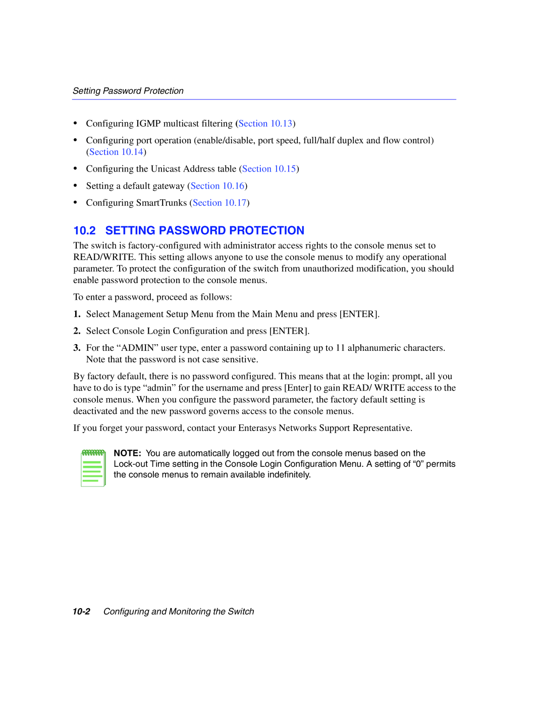 Enterasys Networks 5H1XX, 5G1XX manual Setting Password Protection 