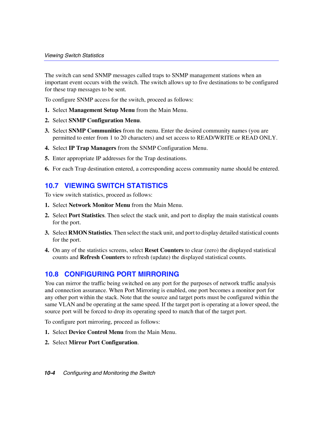 Enterasys Networks 5H1XX, 5G1XX manual Viewing Switch Statistics, Configuring Port Mirroring 