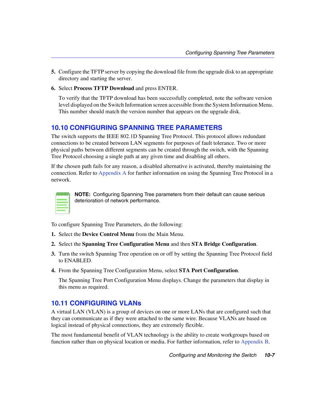 Enterasys Networks 5G1XX, 5H1XX manual Configuring Spanning Tree Parameters, Configuring VLANs 