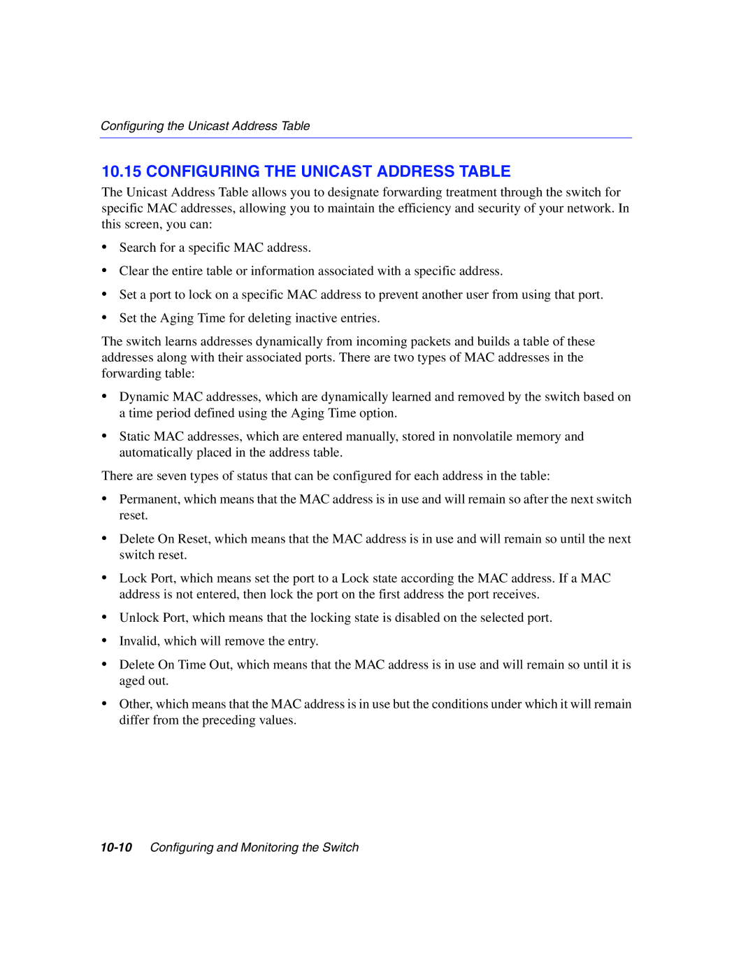 Enterasys Networks 5H1XX, 5G1XX manual Configuring the Unicast Address Table 