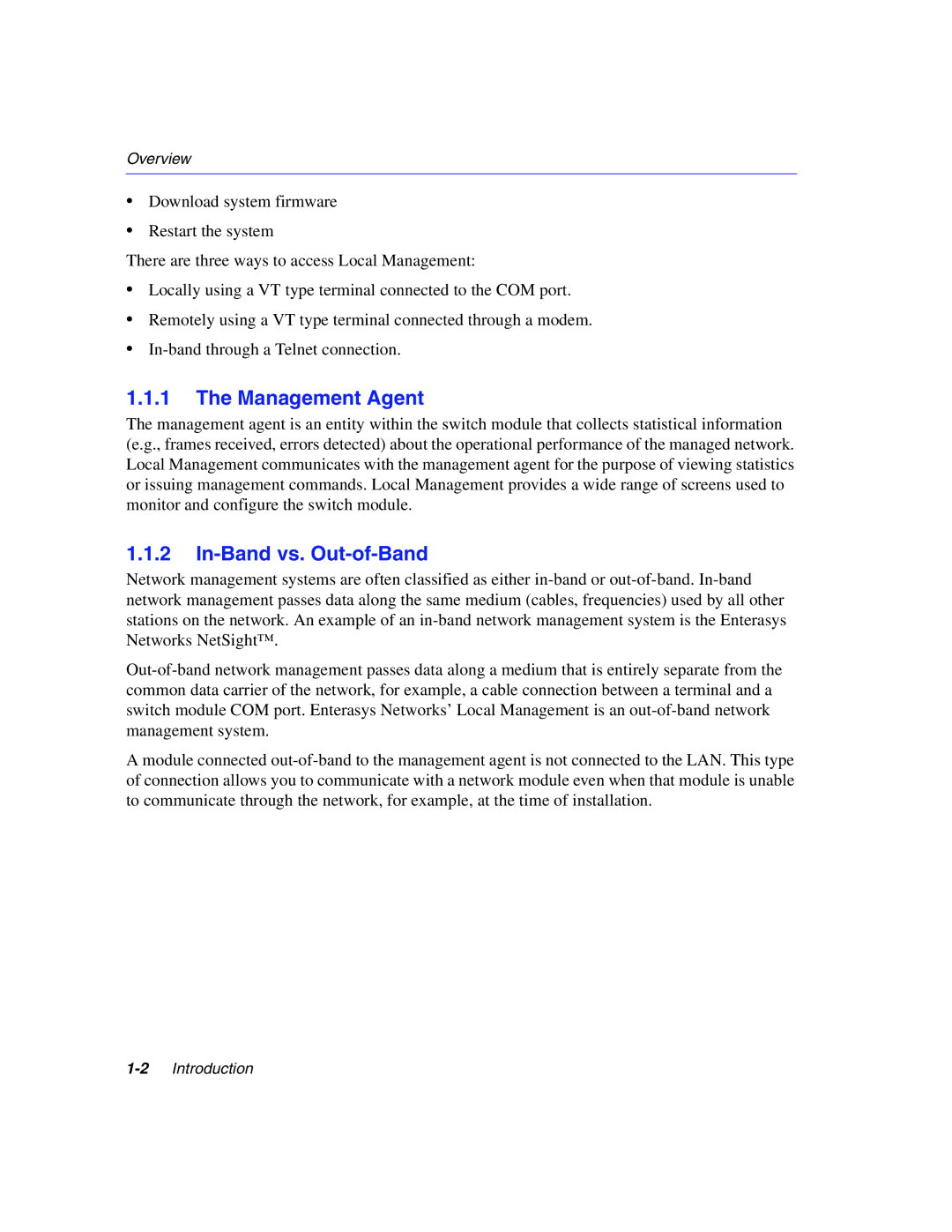 Enterasys Networks 5H1XX, 5G1XX manual Management Agent, In-Band vs. Out-of-Band 