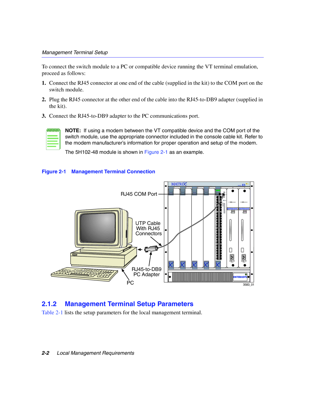 Enterasys Networks 5H1XX, 5G1XX manual Management Terminal Setup Parameters, Management Terminal Connection 