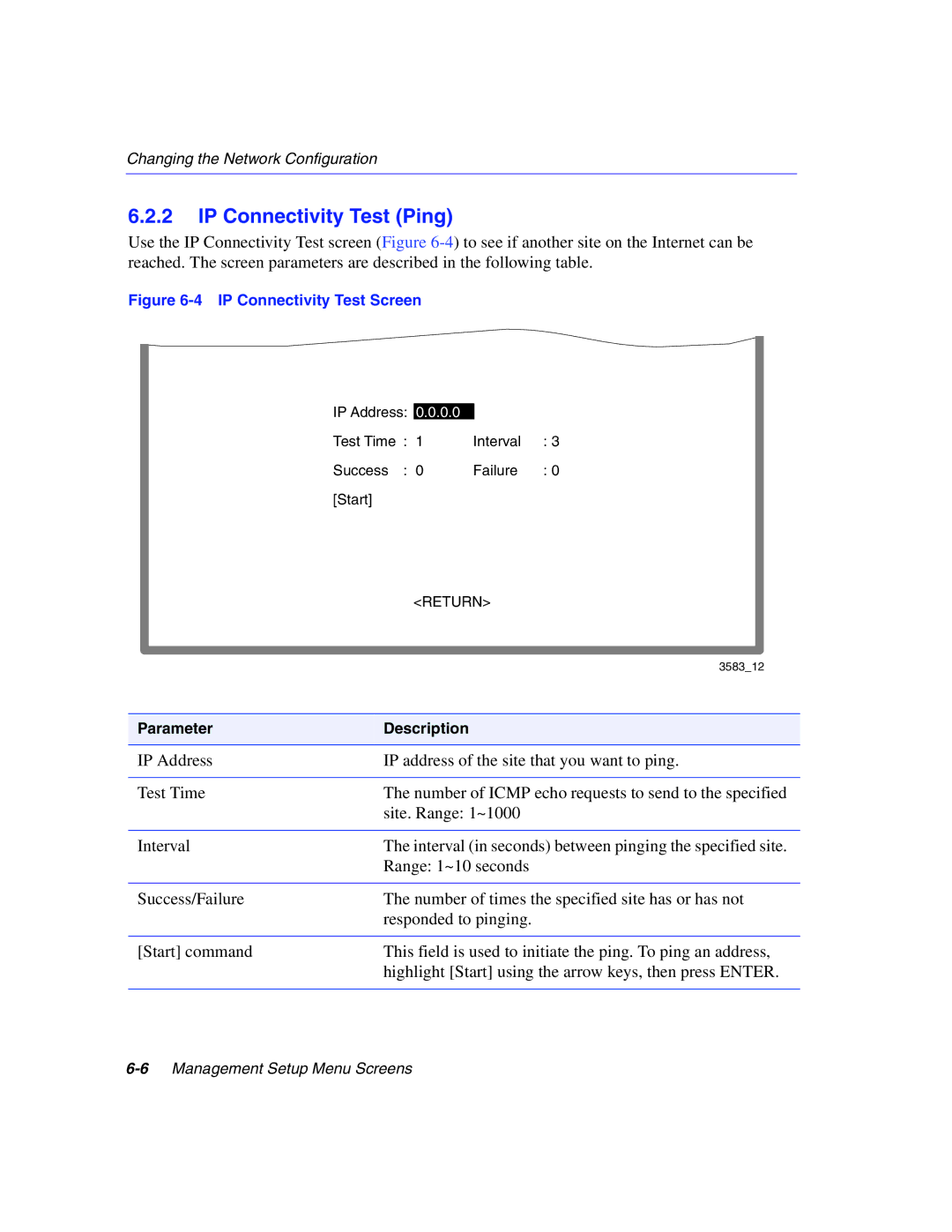 Enterasys Networks 5H1XX, 5G1XX manual IP Connectivity Test Ping, IP Connectivity Test Screen 