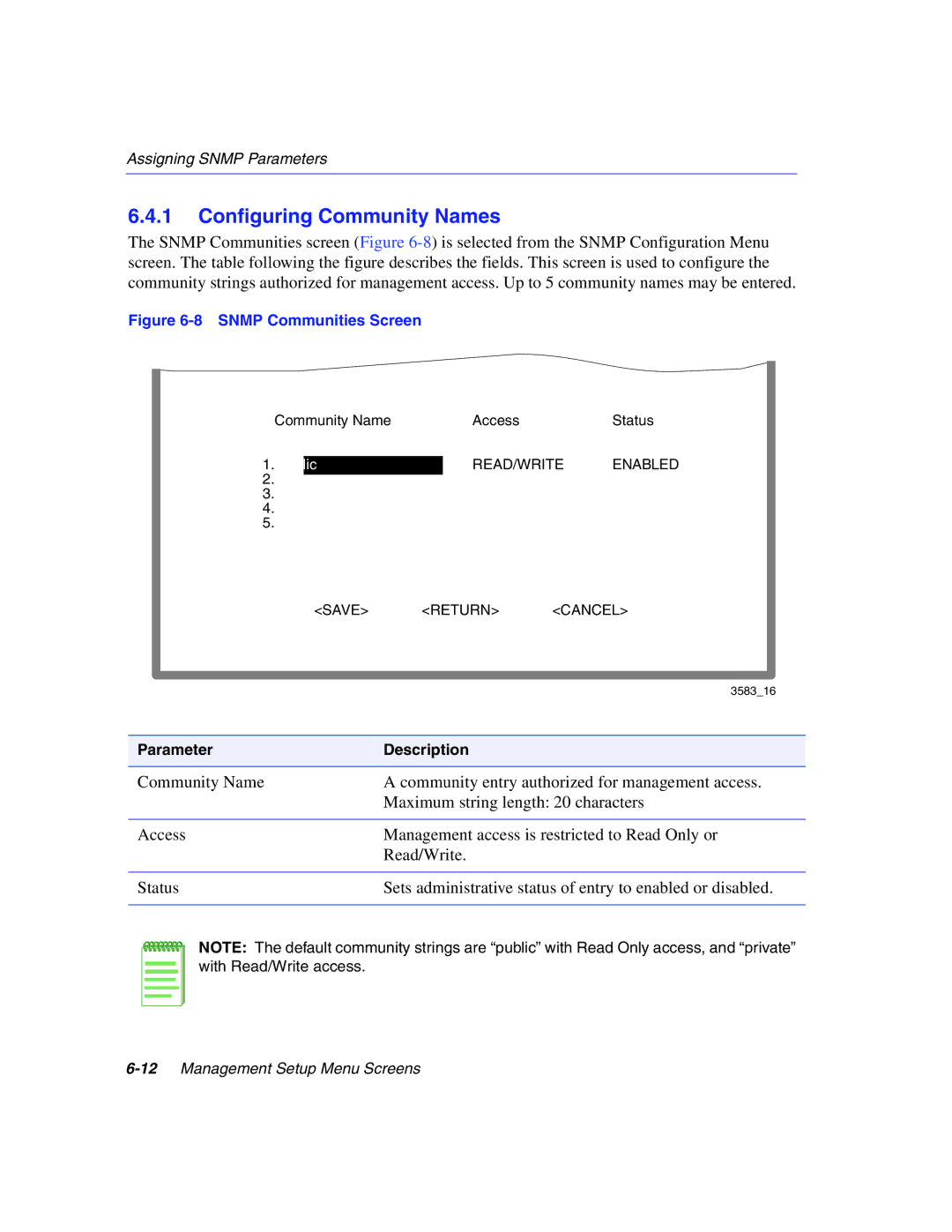 Enterasys Networks 5H1XX, 5G1XX manual Configuring Community Names, Snmp Communities Screen 