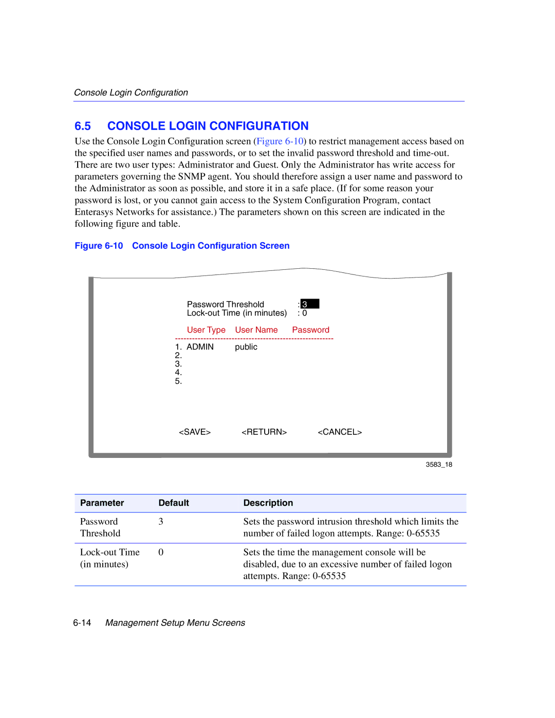 Enterasys Networks 5H1XX, 5G1XX manual Console Login Configuration Screen 