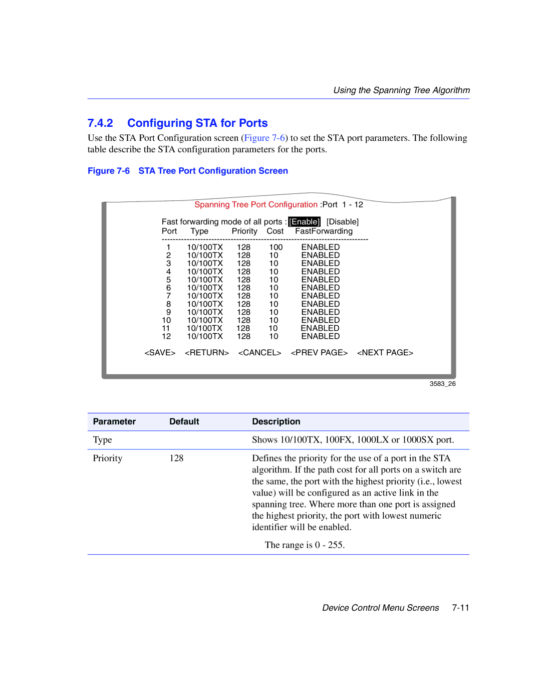 Enterasys Networks 5G1XX, 5H1XX manual Configuring STA for Ports, STA Tree Port Configuration Screen 