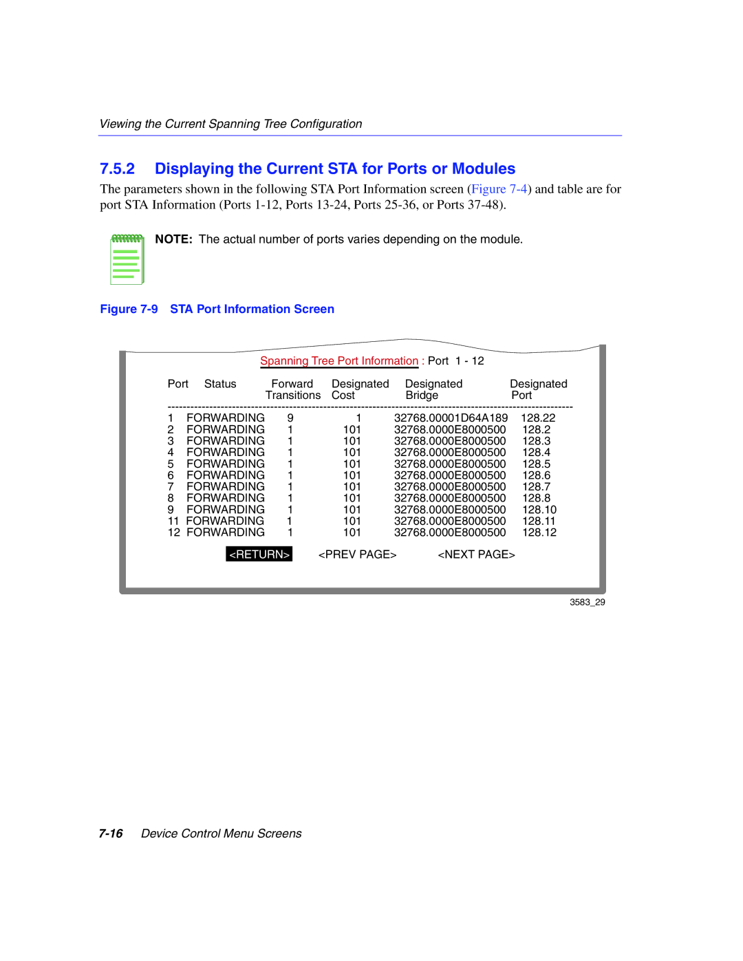 Enterasys Networks 5H1XX, 5G1XX manual Displaying the Current STA for Ports or Modules, STA Port Information Screen 