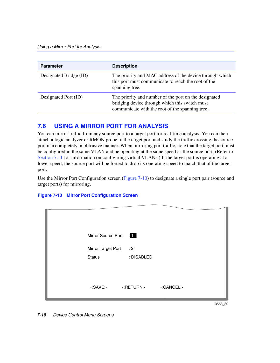 Enterasys Networks 5H1XX, 5G1XX manual Using a Mirror Port for Analysis, Mirror Port Configuration Screen 