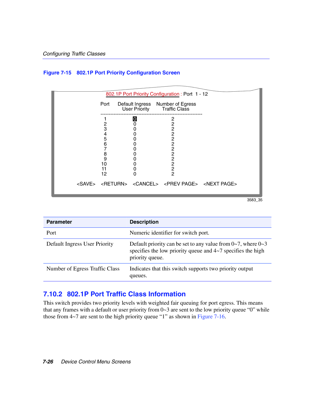 Enterasys Networks 5H1XX, 5G1XX 10.2 802.1P Port Traffic Class Information, 15 802.1P Port Priority Configuration Screen 