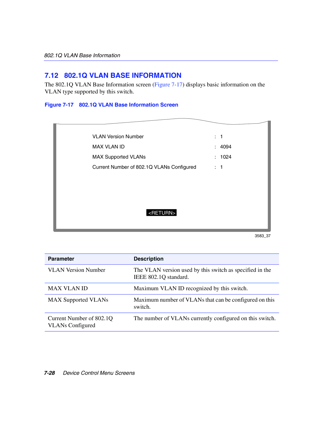 Enterasys Networks 5H1XX, 5G1XX manual 12 802.1Q Vlan Base Information, MAX Vlan ID 