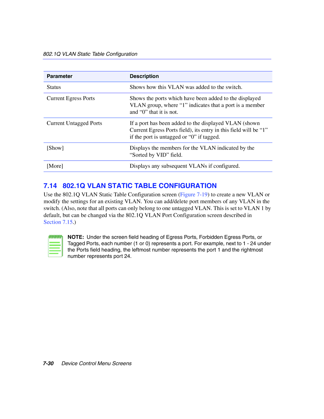 Enterasys Networks 5H1XX, 5G1XX manual 14 802.1Q Vlan Static Table Configuration 