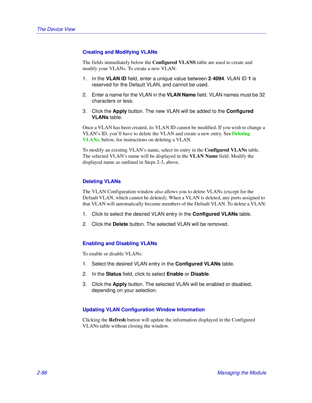 Enterasys Networks Matrix E7, 6000 manual Creating and Modifying VLANs, Updating Vlan Configuration Window Information 