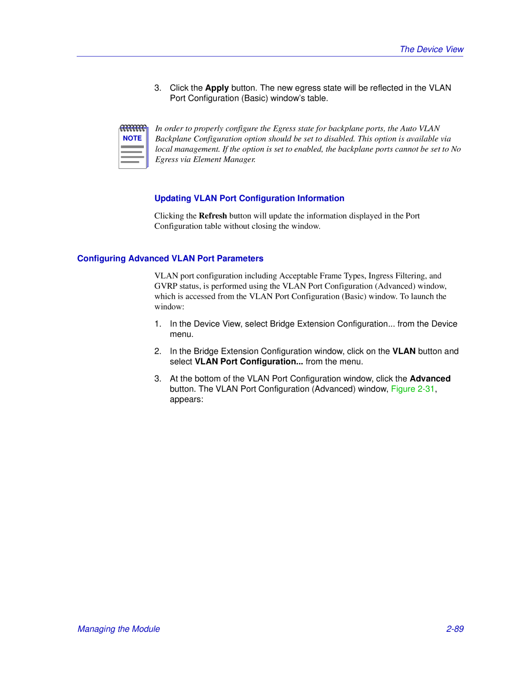 Enterasys Networks 6000, Matrix E7 Updating Vlan Port Configuration Information, Configuring Advanced Vlan Port Parameters 