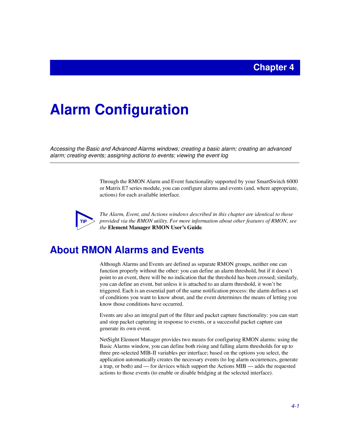 Enterasys Networks 6000, Matrix E7 manual Alarm Configuration, About Rmon Alarms and Events 