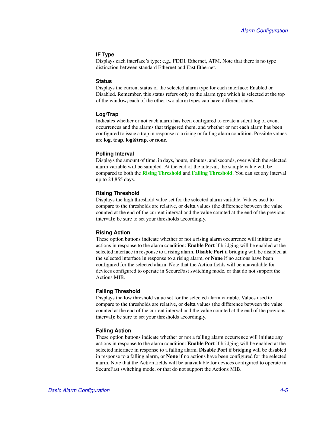 Enterasys Networks 6000, Matrix E7 If Type, Log/Trap, Polling Interval, Rising Threshold, Rising Action, Falling Threshold 