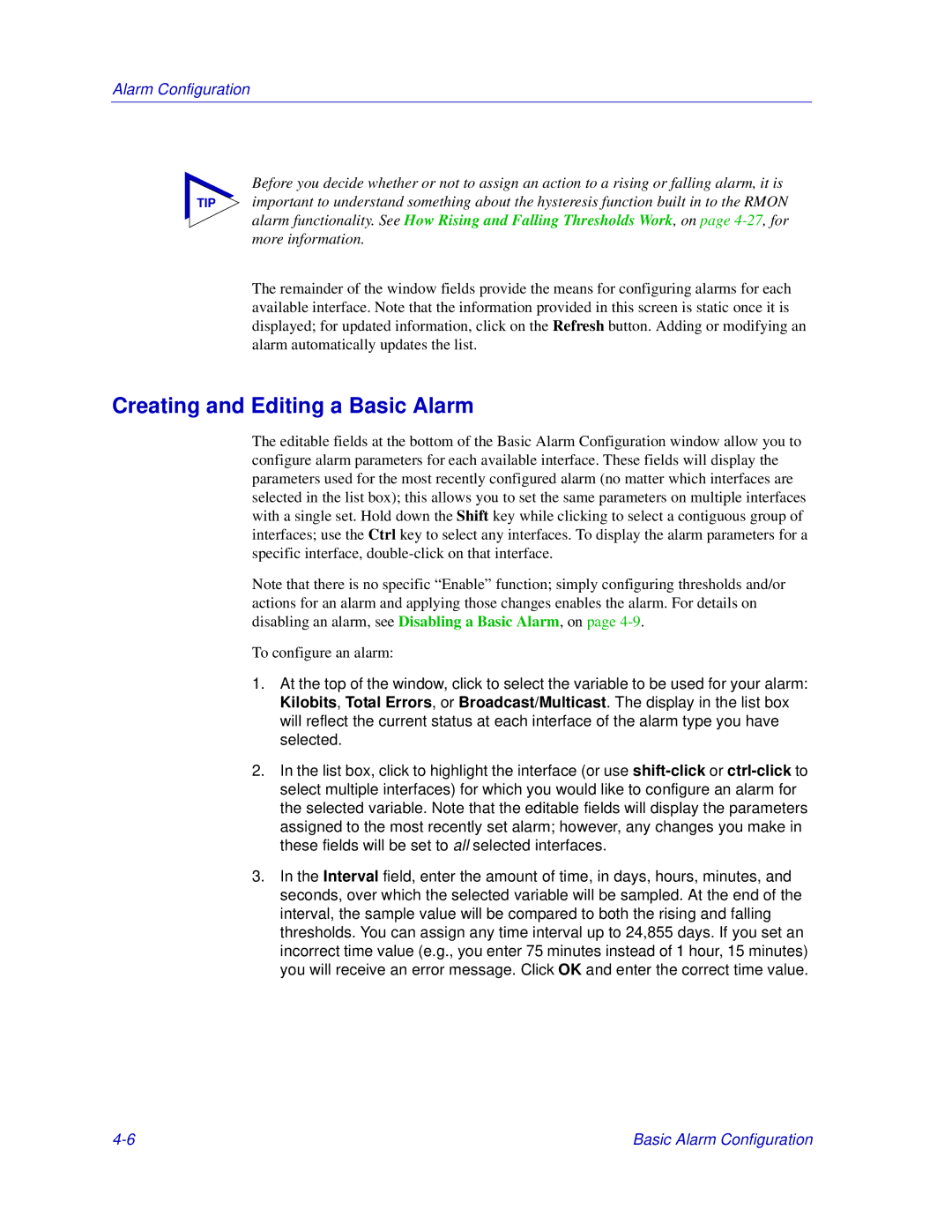 Enterasys Networks Matrix E7, 6000 manual Creating and Editing a Basic Alarm 