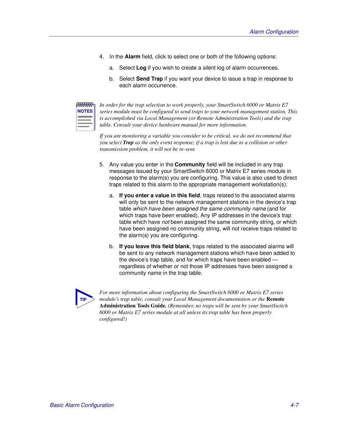 Enterasys Networks 6000, Matrix E7 manual Alarm Configuration 