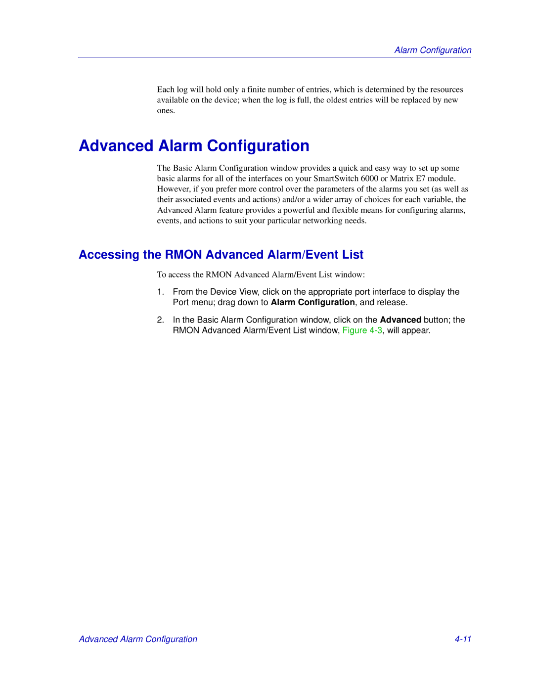 Enterasys Networks 6000, Matrix E7 manual Advanced Alarm Configuration, Accessing the Rmon Advanced Alarm/Event List 