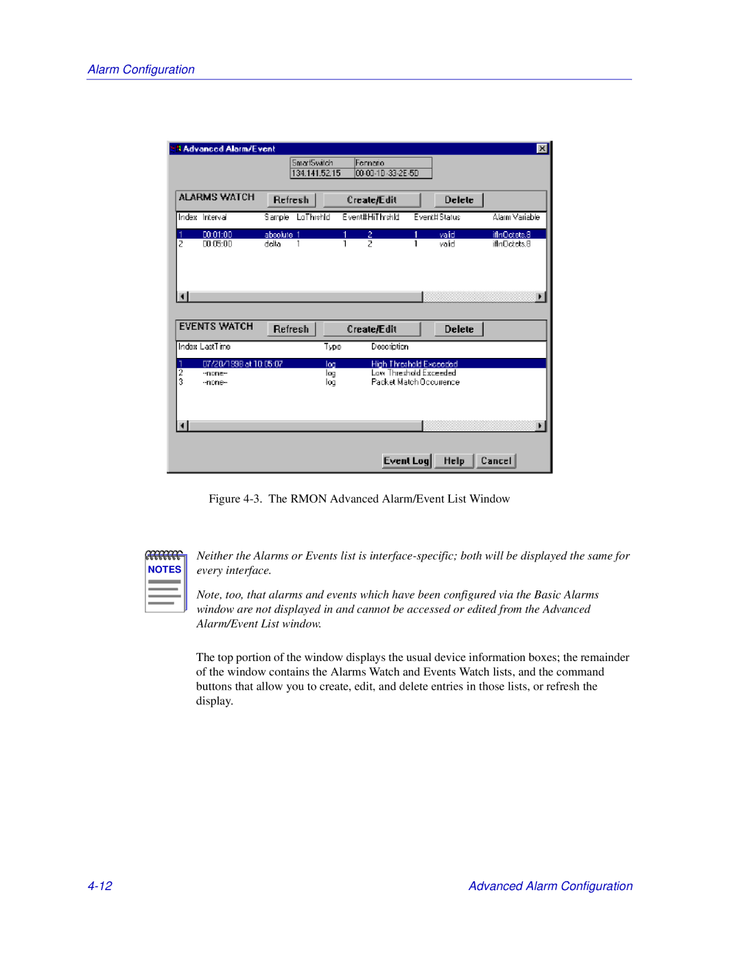 Enterasys Networks Matrix E7, 6000 manual Rmon Advanced Alarm/Event List Window 