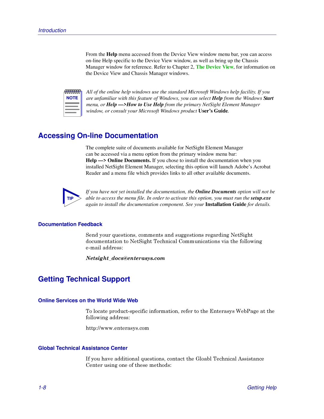 Enterasys Networks Matrix E7, 6000 manual Accessing On-line Documentation, Getting Technical Support, Documentation Feedback 