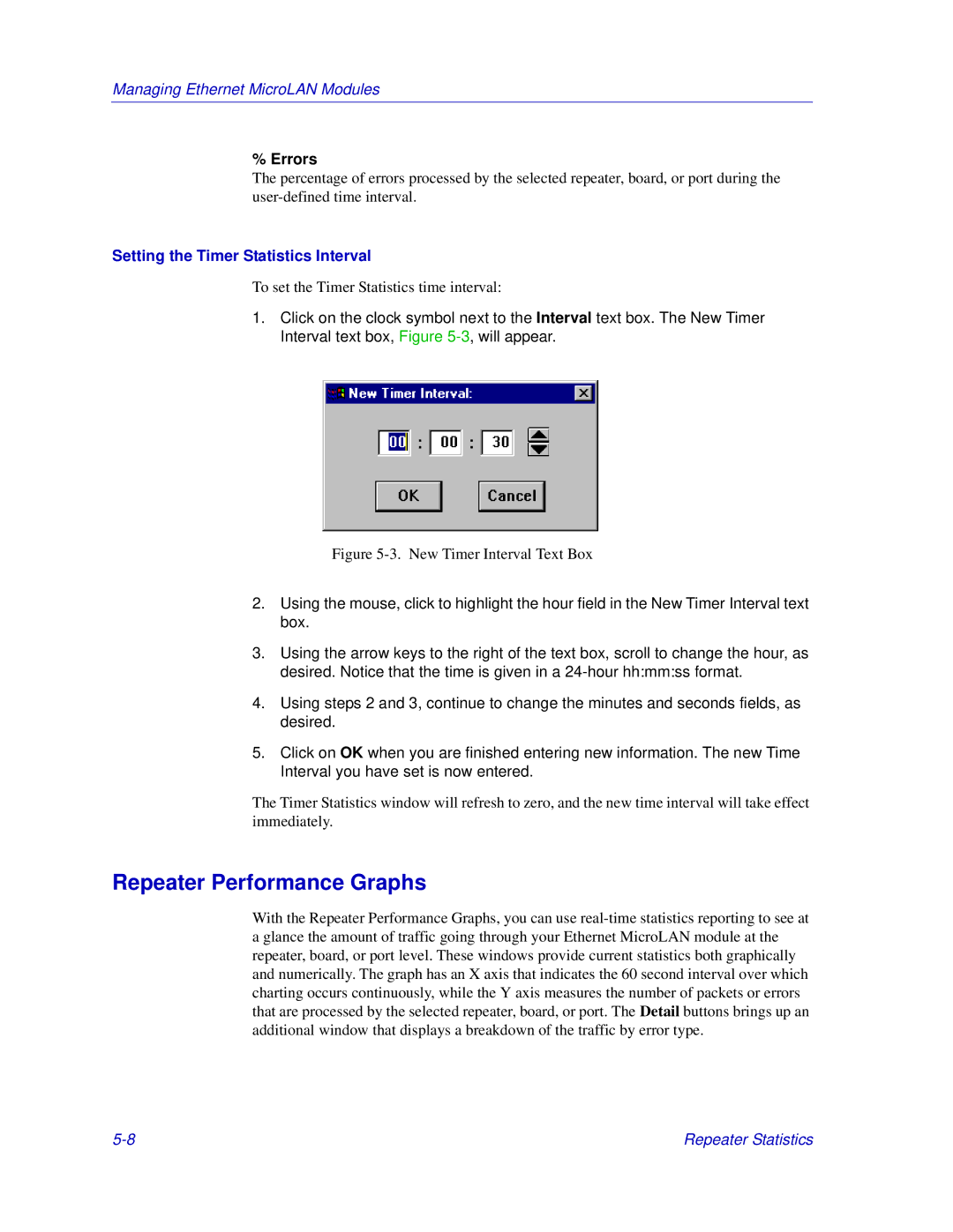 Enterasys Networks Matrix E7, 6000 manual Repeater Performance Graphs, Setting the Timer Statistics Interval 