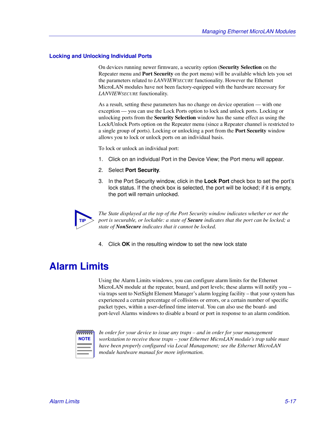 Enterasys Networks 6000, Matrix E7 manual Alarm Limits, Locking and Unlocking Individual Ports, Select Port Security 