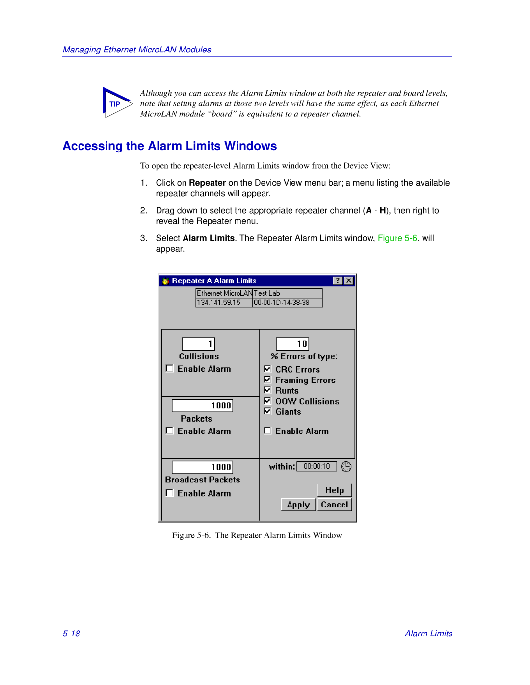 Enterasys Networks Matrix E7, 6000 manual Accessing the Alarm Limits Windows, Repeater Alarm Limits Window 