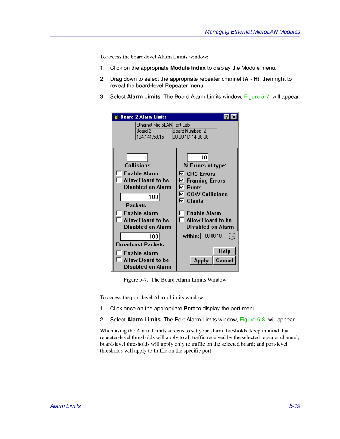 Enterasys Networks 6000, Matrix E7 manual To access the board-level Alarm Limits window 