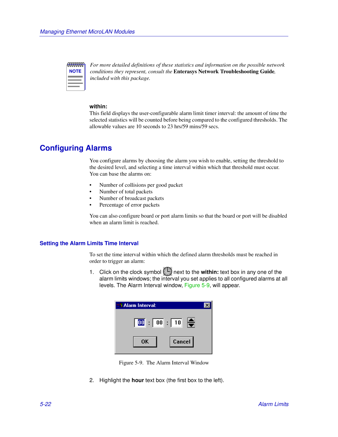 Enterasys Networks Matrix E7, 6000 manual Configuring Alarms, Within, Setting the Alarm Limits Time Interval 