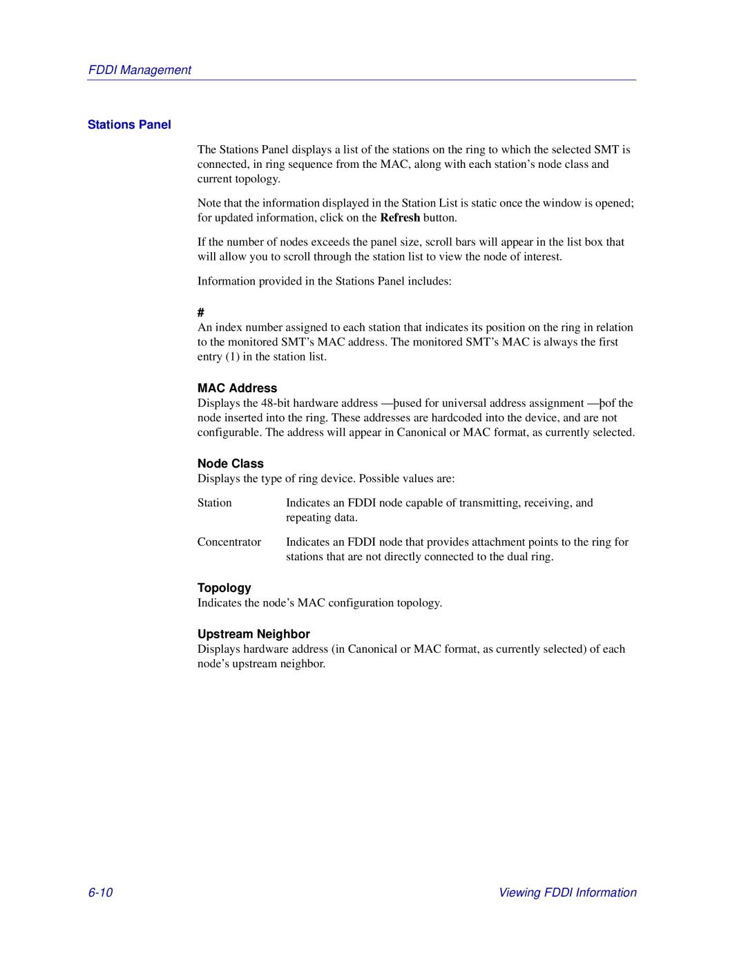 Enterasys Networks Matrix E7, 6000 manual Stations Panel, Node Class, Topology, Upstream Neighbor 