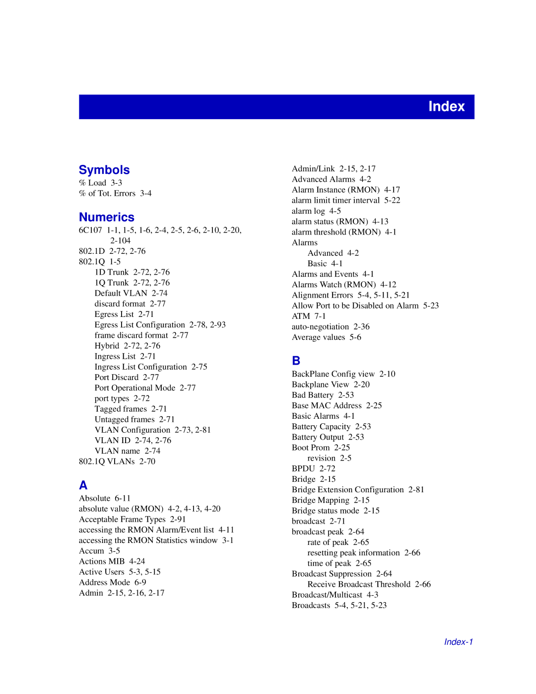 Enterasys Networks 6000, Matrix E7 manual Symbols, Numerics 