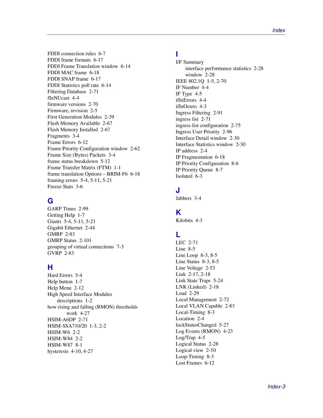 Enterasys Networks 6000, Matrix E7 manual Index-3 