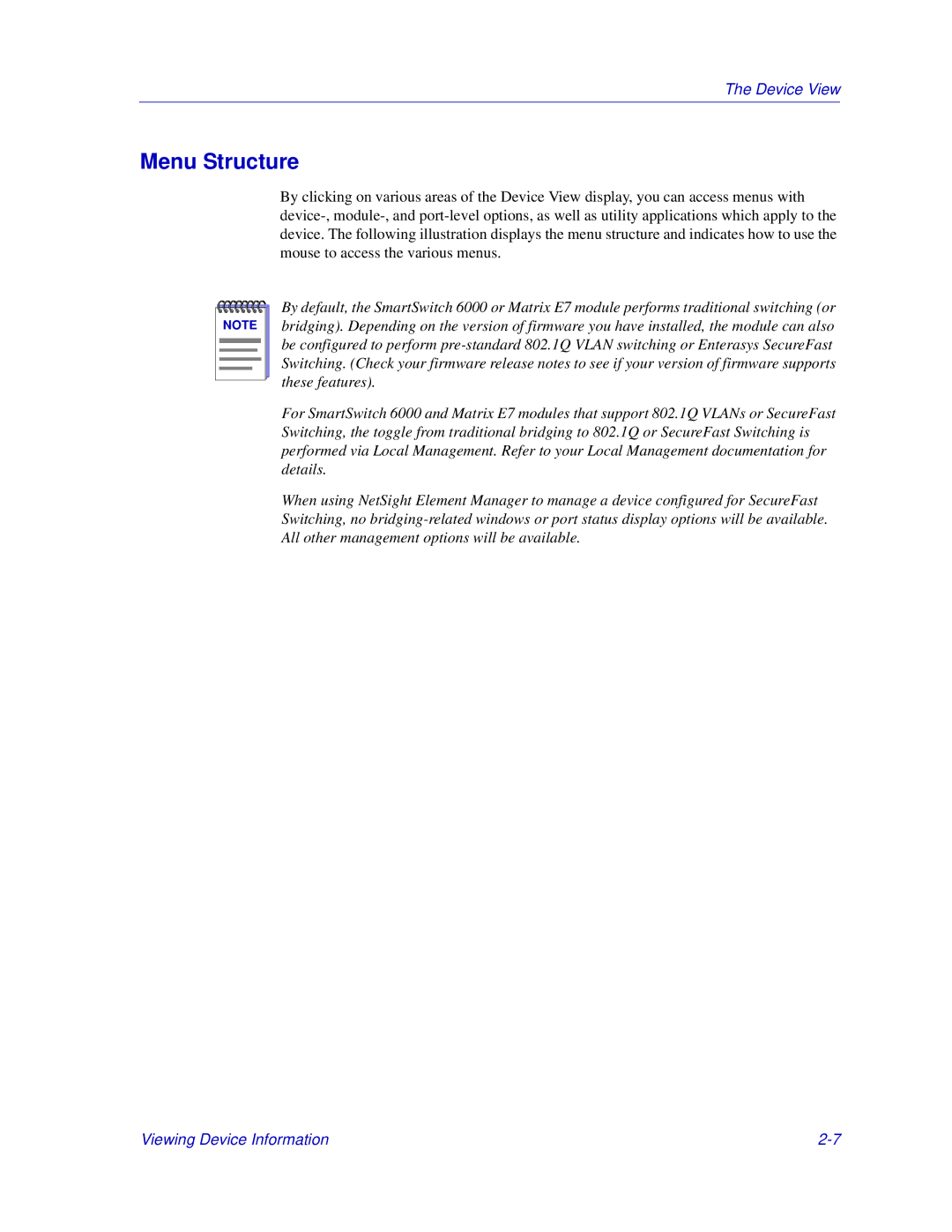 Enterasys Networks 6000, Matrix E7 manual Menu Structure 