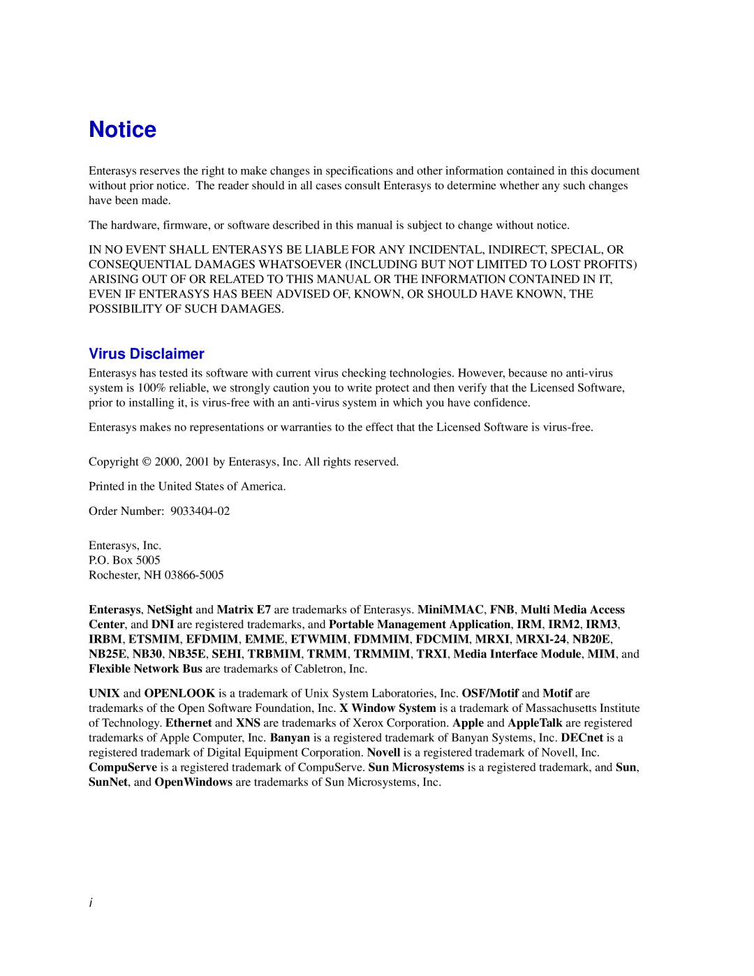 Enterasys Networks Matrix E7, 6000 manual Virus Disclaimer 