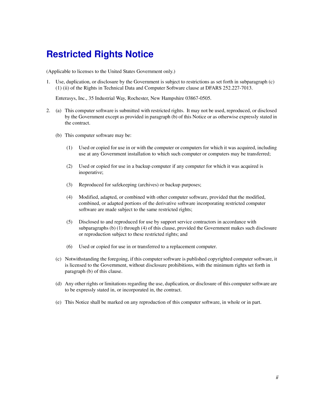 Enterasys Networks 6000, Matrix E7 manual Restricted Rights Notice 