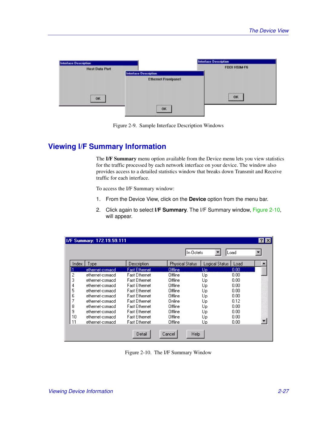 Enterasys Networks 6000, Matrix E7 manual Viewing I/F Summary Information, Sample Interface Description Windows 