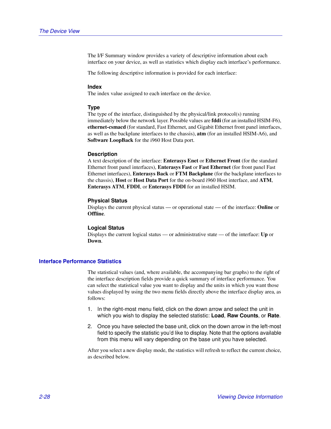 Enterasys Networks Matrix E7, 6000 Index, Description, Physical Status, Logical Status, Interface Performance Statistics 