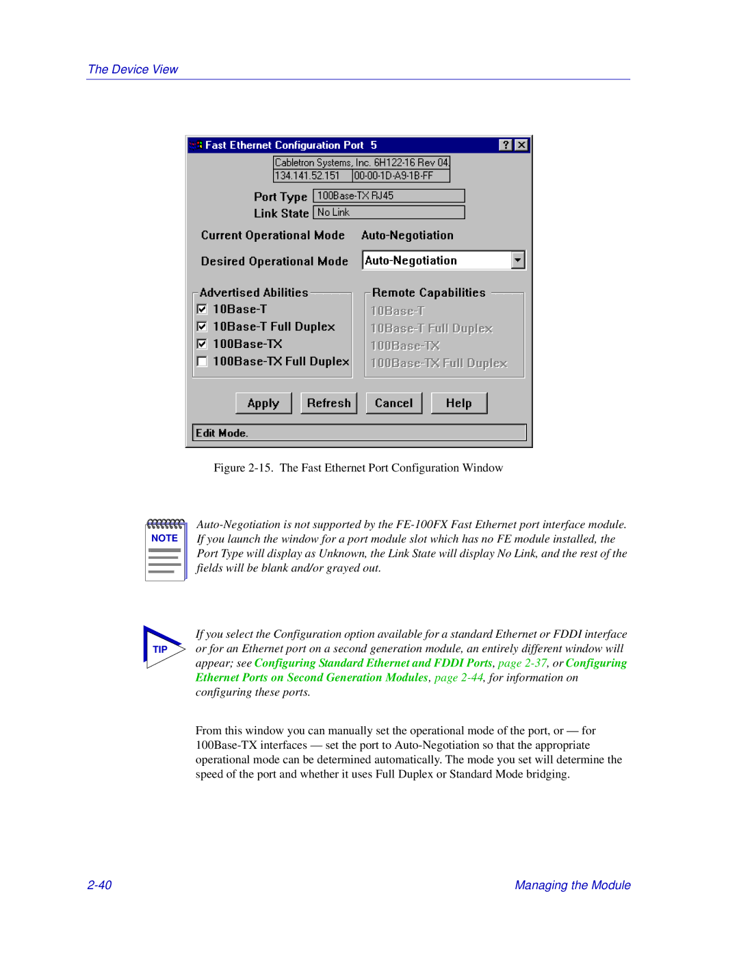 Enterasys Networks Matrix E7, 6000 manual The Fast Ethernet Port Configuration Window 