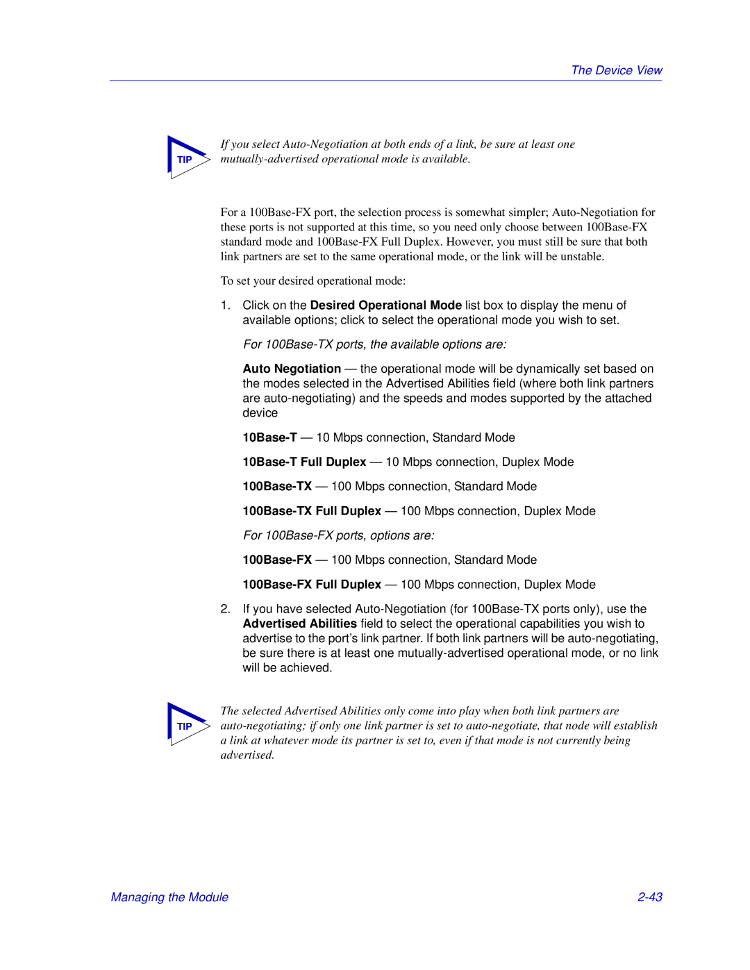 Enterasys Networks 6000, Matrix E7 manual For 100Base-TX ports, the available options are 