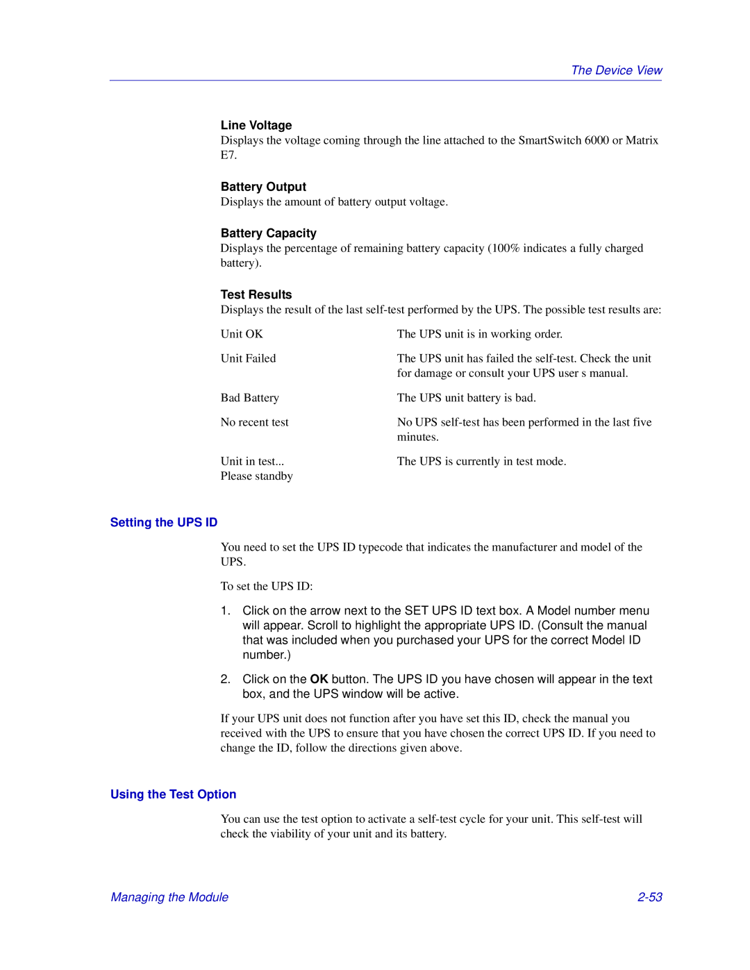 Enterasys Networks 6000, Matrix E7 manual Setting the UPS ID, Using the Test Option 