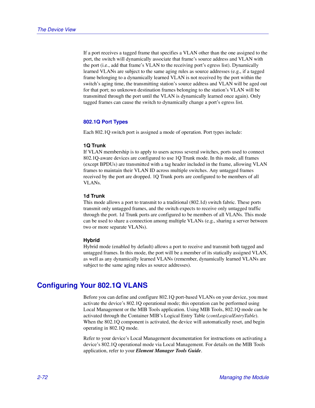 Enterasys Networks Matrix E7, 6000 manual Configuring Your 802.1Q Vlans, 802.1Q Port Types, 1Q Trunk, 1d Trunk, Hybrid 