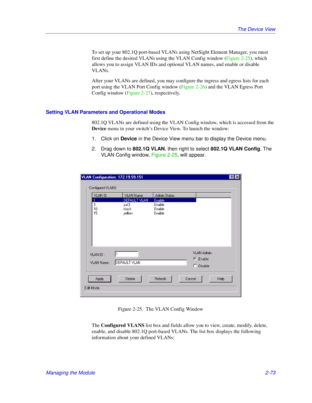 Enterasys Networks 6000, Matrix E7 manual Setting Vlan Parameters and Operational Modes 